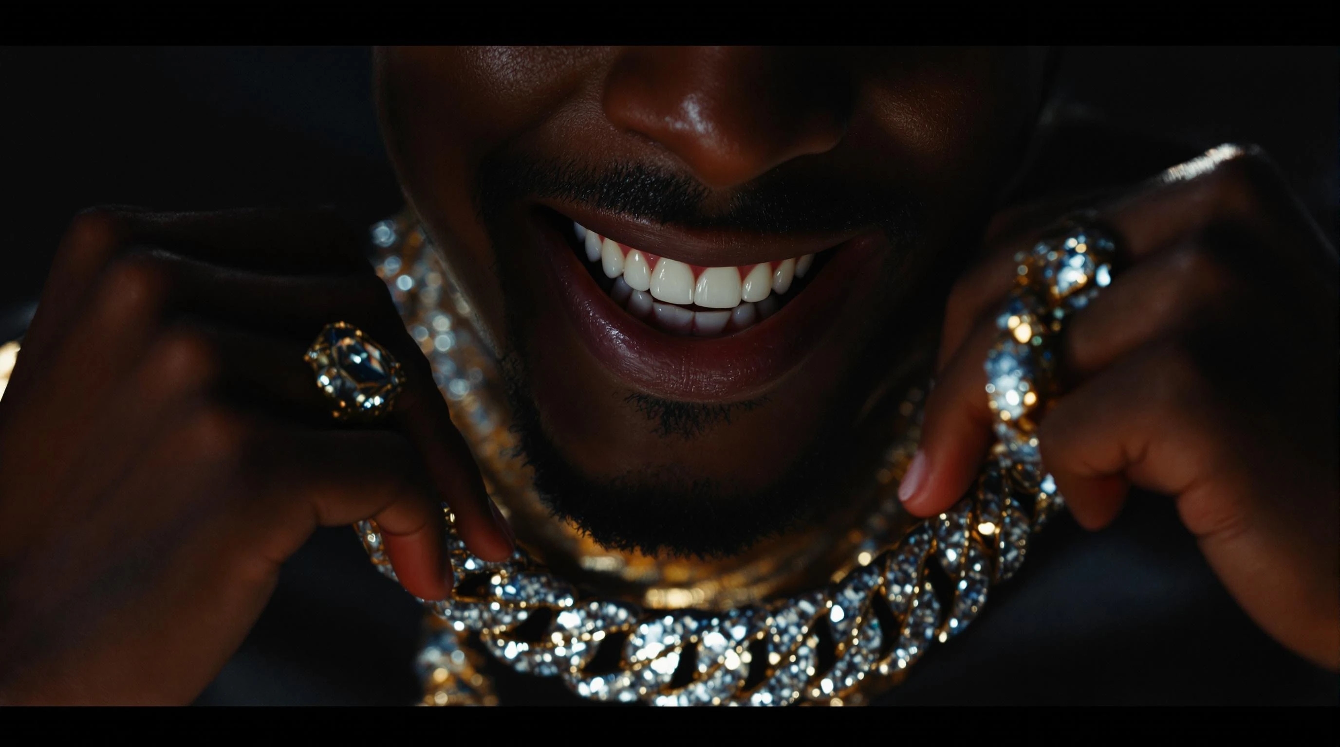 A close-up shot of a man's mouth and hands as he holds a thick, diamond-encrusted chain, his smile glowing under moody lighting.