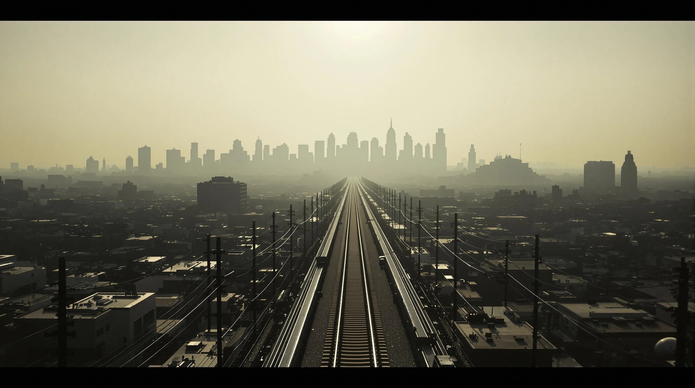 A long stretch of railroad tracks cuts through an urban landscape, disappearing into the horizon under a golden, smog-filled sky.